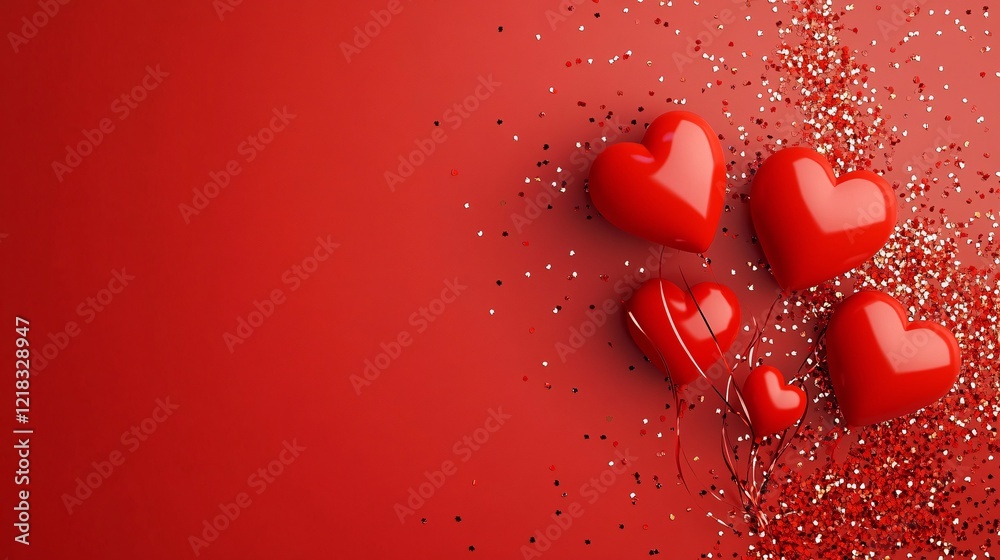 Poster red heart shaped balloons floating on a red background with glitter
