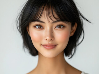 Naklejka premium young woman with short black hair and radiant smile, showcasing natural beauty and confidence. Her expressive eyes and soft features create warm and inviting atmosphere