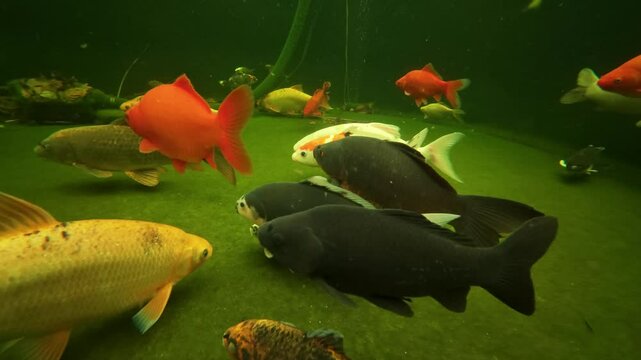 Underwater slow motion closeup footage of colorful Koi fis swimming in a tranquil pond
