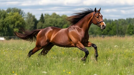 Majestic Brown Horse Running Freely Across a Lush Green Meadow