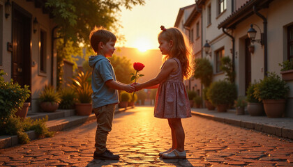 Childhood love sharing a rose on a quaint village street, first romance