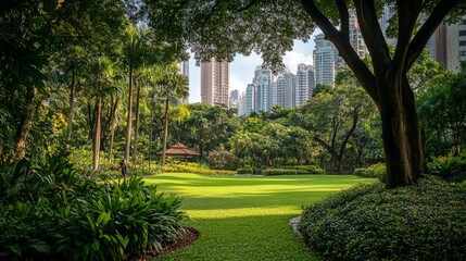 Obraz premium Green lawn, bushes, trees and town buildings on skyline. Vector parallax background for 2d animation with cartoon illustration of summer landscape of city park or garden