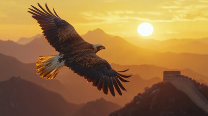 majestic eagle soaring over stunning landscape at sunset, with Great Wall of China in background, creates breathtaking scene of nature beauty and freedom