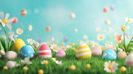 Fototapeta premium Colorful easter eggs lying in green grass with spring flowers
