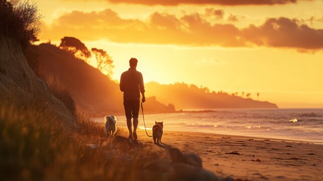 a person is walking with their dogs along a beach at sunset, conncetion between pets and humans, 16:9