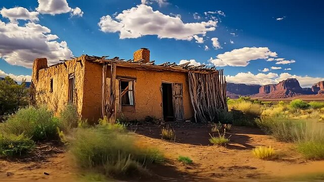 Desolate adobe dwelling amidst Monument Valley's rugged landscape under a vibrant sky.