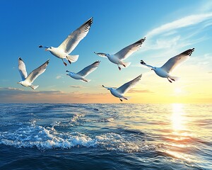 Fototapeta premium Seagulls flying over ocean at sunset. (1)