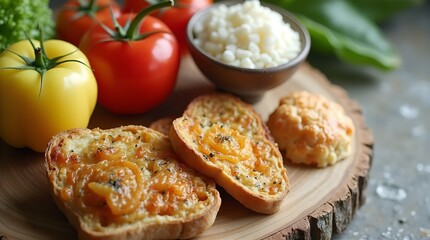 Delicious Baked Cheese Toast with Fresh Tomatoes and Cottage Cheese Rustic Wooden Board Appetizer Snack Food Photography