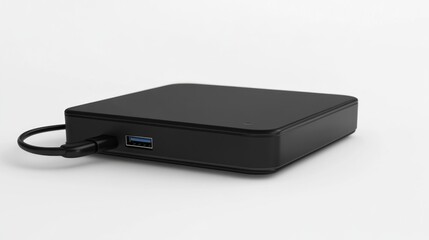 Black external hard drive on white background