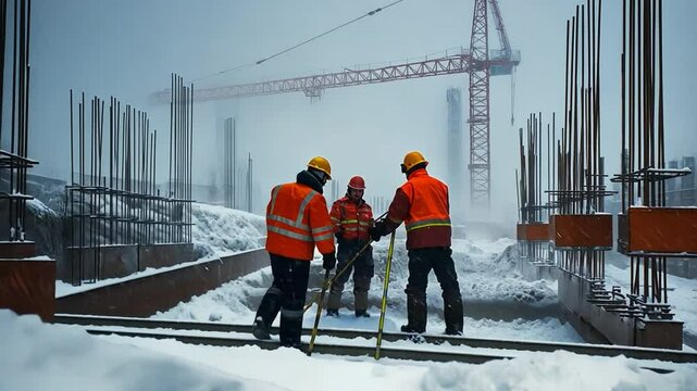 Construction Workers in Winter: A trio of construction workers bundled in warm clothing bravely face the harsh winter weather, working diligently on a large construction site.