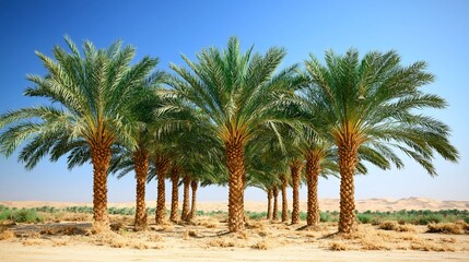 Lush date palm trees in a desert oasis under a vibrant blue sky.
