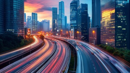 Highway flyover in modern city. Vector cartoon illustration of bridge overpass against futuristic cityscape background, road to modern skyscrapers, cyberpunk game backdrop, transport infrastructure