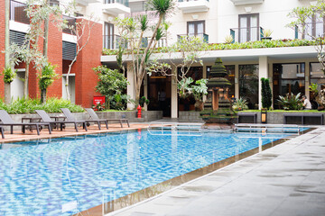 Hotel Swimming Pool with Temple-Like Ornament in the Center