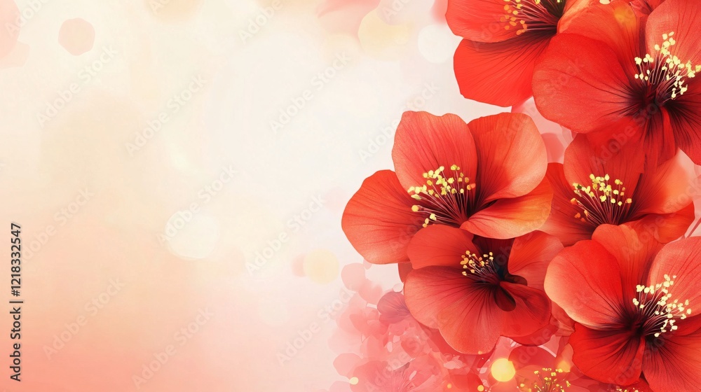 Poster red flowers blooming on abstract background with bokeh effect