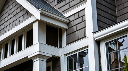 Fototapeta premium Modern House Exterior: Grey Siding, White Trim, and Architectural Details