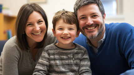 Fototapeta premium Happy family portrait with child smiling between parents, showcasing love and joy in warm setting. parents are beaming with pride and affection