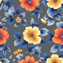 Colorful Tropical Flower Pattern on Gray Background