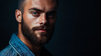 Obraz premium Portrait of a handsome bearded man with blue eyes wearing a denim shirt