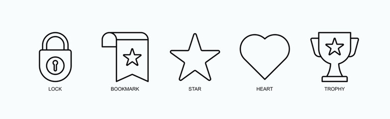 Achievements And Favorites Icon Set Isolated Vector With Icon Of Lock, Bookmark, Star, Heart, Trophy In Outline Style