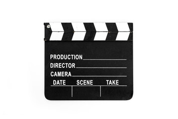 Obraz premium Old slate Clapper Board isolated on white background. Basic equipment from amateur to industrial level for Media Production Film, commercials, documentaries.