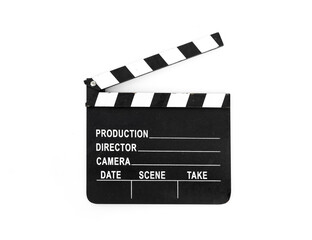 Obraz premium Old slate Clapper Board isolated on white background. Basic equipment from amateur to industrial level for Media Production Film, commercials, documentaries.