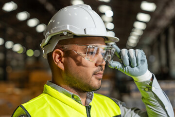 Close up technician engineer wearing and adjust protective safety glasses. Safety equipment for...