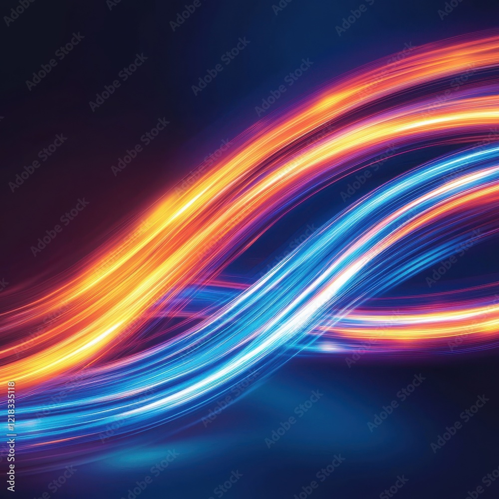 Poster dynamic neon light trails intertwining in dark setting abstract art futuristic vibes colorful contra