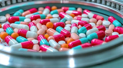 Precision capsule sorting machine in pharmaceutical facility with colorful pills under clean lighting