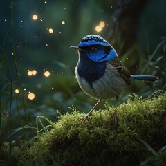 A fairy wren nestled among soft green moss, with fireflies lighting up the twilight forest.