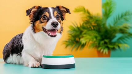 Happy Dog Sitting Next to Food Bowl on Colorful Background