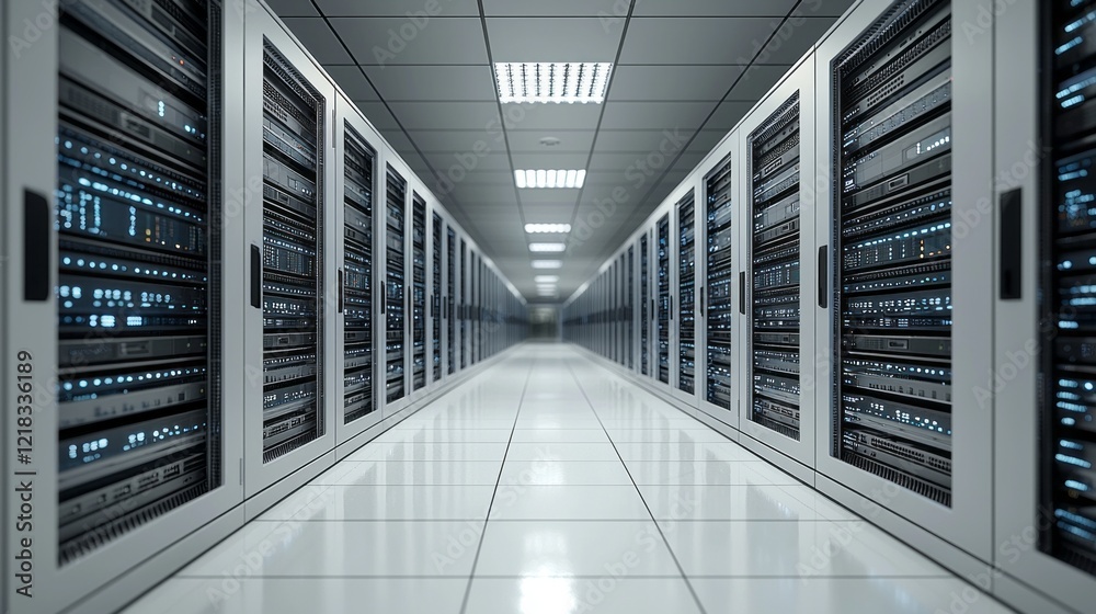 Poster inside a contemporary server room, an intricate network of blue and white lights weaves through rows