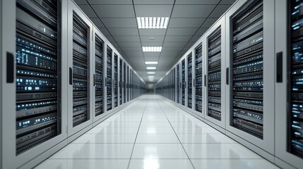 Inside a contemporary server room, an intricate network of blue and white lights weaves through rows of servers