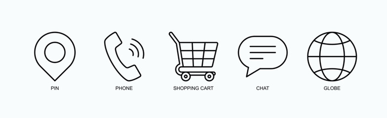 Communication And Commerce Essentials Icon Set Isolated Vector With Icon Of Pin, Phone, Shopping Cart, Chat, Globe In Outline Style