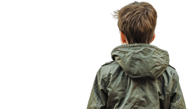 A boy in a green jacket viewed from behind, standing against a white isolated background, contemplating his surroundings or lost in thought.