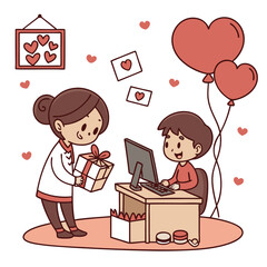 Valentine day girl and boy working