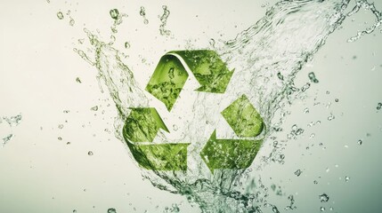 A dynamic water splash creates a recycle icon, symbolizing the importance of recycling and environmental sustainability in a clean, fresh way.