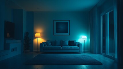 Fototapeta premium Cozy and Inviting Living Room Featuring a Comfortable Couch Illuminated by a Stylish Lamp Creating a Warm Atmosphere Perfect for Relaxation and Socializing in a Modern Home Setting