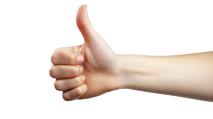 A close-up of a human hand giving a thumbs up gesture against a white isolate background, symbolizing approval and positivity.
