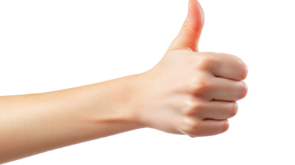 A close-up of a human hand giving a thumbs-up gesture, symbolizing approval and positivity, set against a white background.