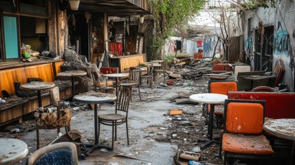 Abandoned cafe, cafeteria or street restaurant with dirty broken furniture, booth and garbage. Old messy outdoor cafe with broken tables and chairs and trash, vector cartoon illustration