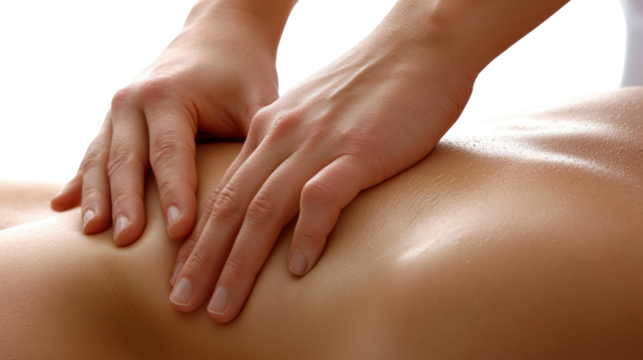 A close-up of hands performing a soothing massage on the back, demonstrating relaxation and wellness techniques.