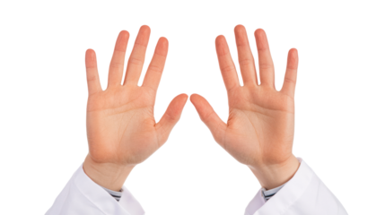 A close-up view of two open hands, palms facing forward, symbolizing openness and communication. Isolated on a white background.