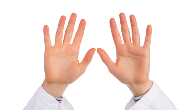 A close-up view of two open hands, palms facing forward, symbolizing openness and communication. Isolated on a white background.