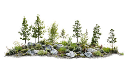 A cluster of lush green plants and vibrant trees on rocky terrain, showcasing a natural habitat with rocks and foliage, isolated on a white background.