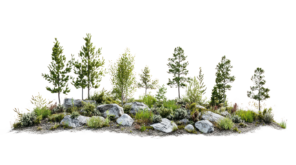 A cluster of lush green plants and vibrant trees on rocky terrain, showcasing a natural habitat with rocks and foliage, isolated on a white background.