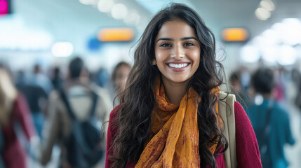 Fototapeta premium indian woman is happily smiling at the camera while leisurely walking through the busy airport terminal