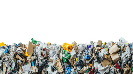 A collection of assorted waste materials, including paper and plastic, displayed against a white isolated background, highlighting recycling challenges.