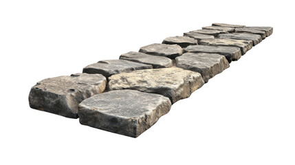 A collection of rustic, rectangular stones arranged in a linear fashion on a white isolated...