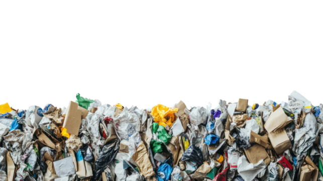 A collection of assorted waste materials, including paper and plastic, displayed against a white isolated background, highlighting recycling challenges.