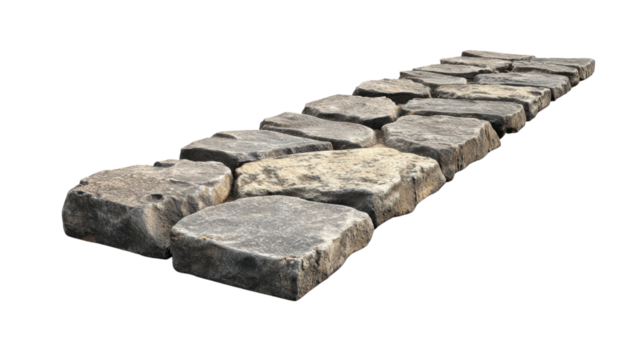 A collection of rustic, rectangular stones arranged in a linear fashion on a white isolated background, perfect for landscaping designs.